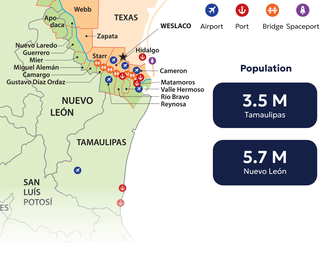 Regional map of the Rio Grande Valley and northeastern Mexico showing Weslaco's airports, ports, bridges, and the SpaceX spaceport