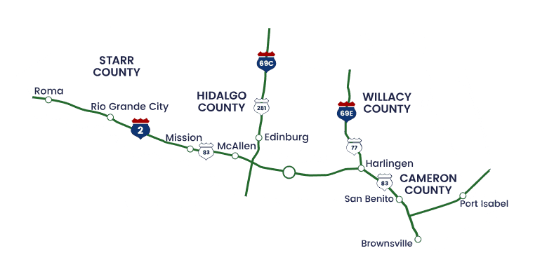 Map of the Rio Grande Valley showing Weslaco's central location