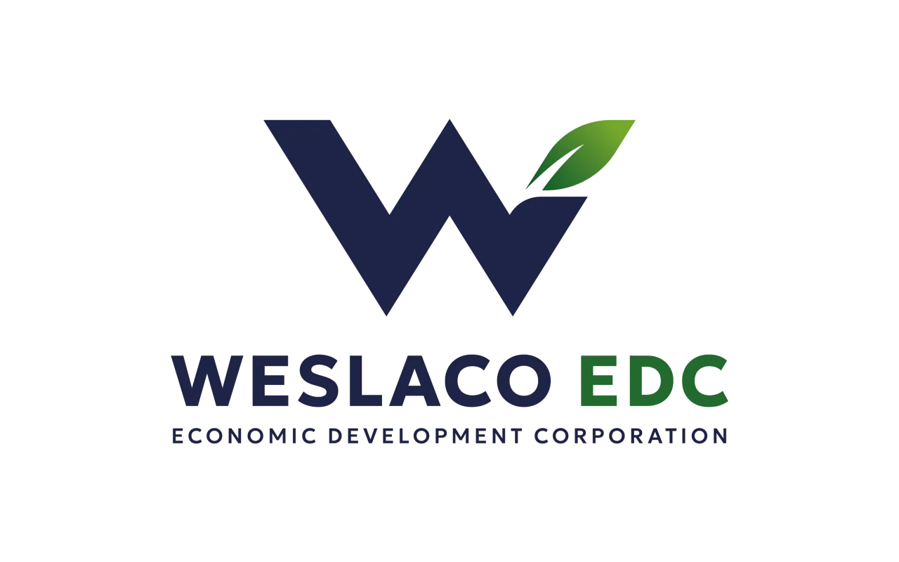 The new Weslaco EDC logo — a navy W with a green leaf above the words Weslaco EDC, Economic Development Corporation